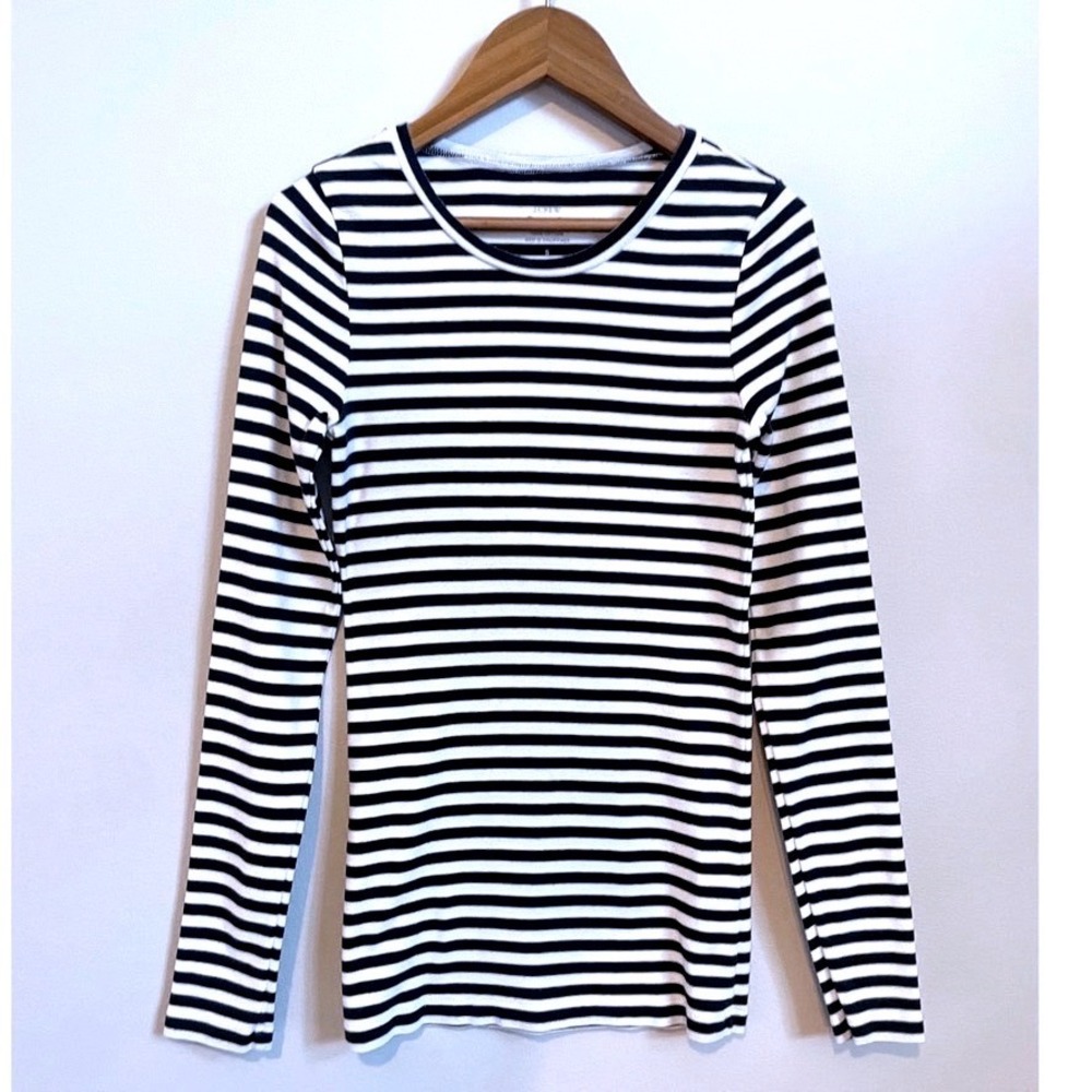 J. Crew Perfect Fit Long Sleeve Navy White Striped Cotton Knit Tee, Small